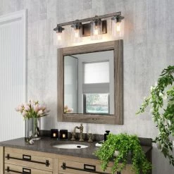 LNC Lighting LNC 4-Light Farmhouse Antique Gray Wood And Clear Glass Bathroom Vanity Light -home bar shop 5261a46f02dfb176 3153 w800 h800 b0 p0
