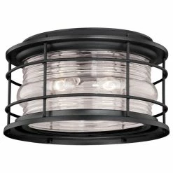 Vaxcel Hyannis Black Coastal Round Outdoor Flush Mount Ceiling Light Clear Glass