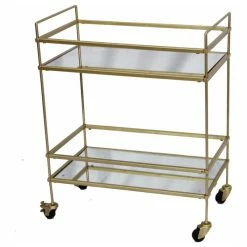 Benzara, Woodland Imprts, The Urban Port The Urban Port Bar Wine Tea Serving Cart With 2 Tempered Glass Shelves, Gold