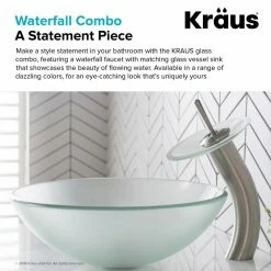 Kraus USA, Inc. Glass Vessel Sink, Bathroom Waterfall Faucet, PU Drain, Mount Ring, Nickel -home bar shop 5981104503518d06 9125 w800 h800 b0 p0
