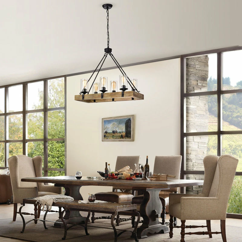 Edvivi Lighting 6-Light Matte Black And Vintage Wood Farmhouse Linear Chandelier Clear Glass 2 Edvivi Lighting 6-Light Matte Black And Vintage Wood Farmhouse Linear Chandelier Clear Glass - Image 2