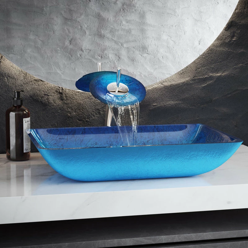 Swiss Madison Cascade Rectangular Glass Vessel Sink With Faucet, Ocean Blue 13 Swiss Madison Cascade Rectangular Glass Vessel Sink With Faucet, Ocean Blue - Image 13