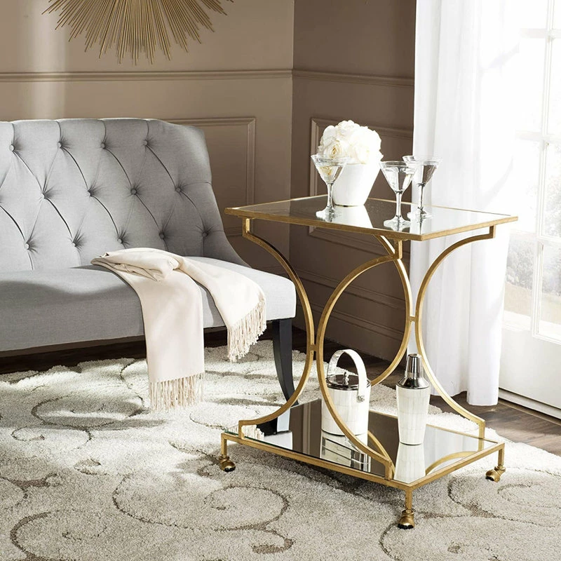 Decorn Elegant Bar Cart, Curved Metal Frame With Mirrored Glass Top & Shelf, Gold 2 Decorn Elegant Bar Cart, Curved Metal Frame With Mirrored Glass Top & Shelf, Gold - Image 2