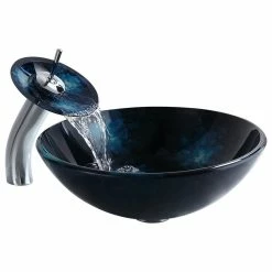 HOMARY Dark Blue Tempered Glass Circular Vessel Sink Waterfall Faucet Set Pop-Up Drain