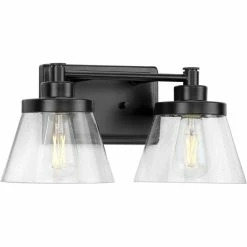 Progress Lighting Hinton 2-Light Matte Black Clear Seeded Glass Farmhouse Bath Vanity Light