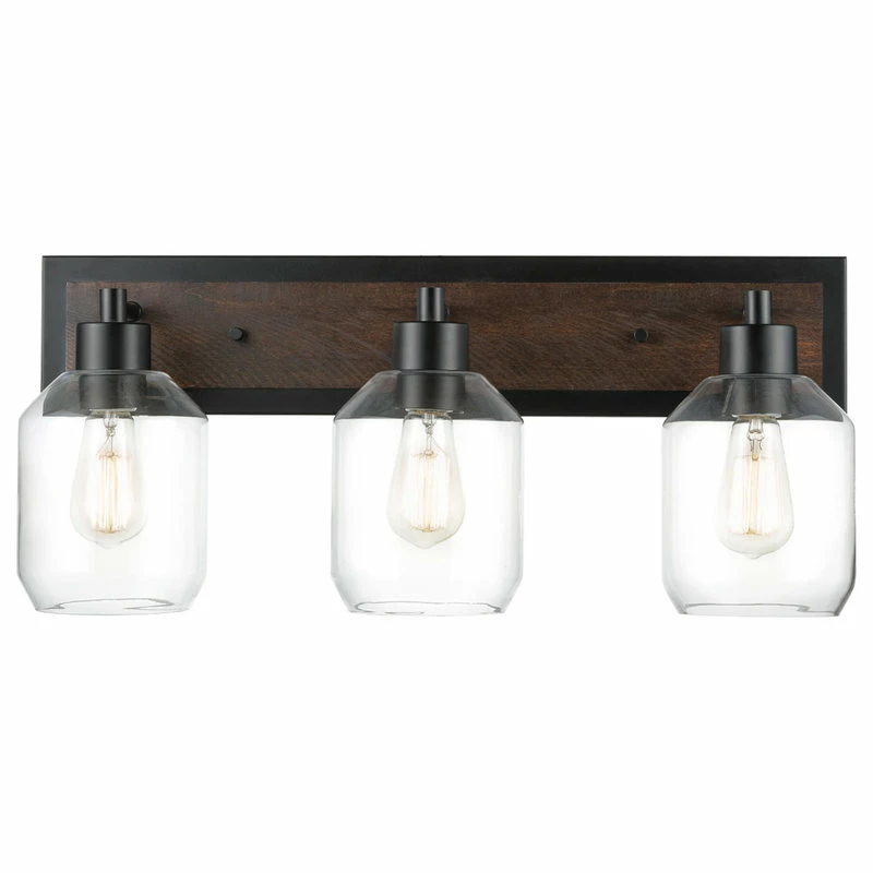 Globe Electric Williamsburg 3-Light Matte Black And Faux Wood Vanity Light, Clear Glass Shades 1 Globe Electric Williamsburg 3-Light Matte Black And Faux Wood Vanity Light, Clear Glass Shades
