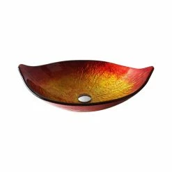 HOMARY Hot Melted Red/Gold Leaf Shaped Tempered Glass Vessel Sink Waterfall Faucet Set