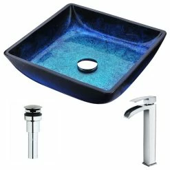 ANZZI Viace Series Deco-Glass Vessel Sink With Key Faucet, Polished Chrome