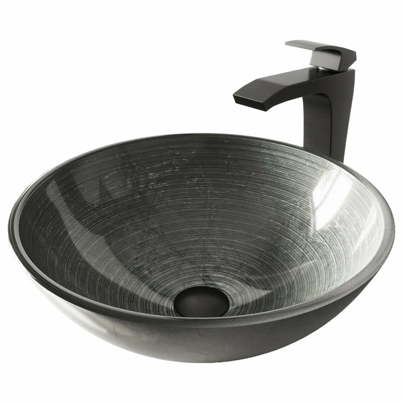 VIGO Simply Silver Glass Vessel Sink And Blackstonian Faucet Set, Matte Black 1 VIGO Simply Silver Glass Vessel Sink And Blackstonian Faucet Set, Matte Black