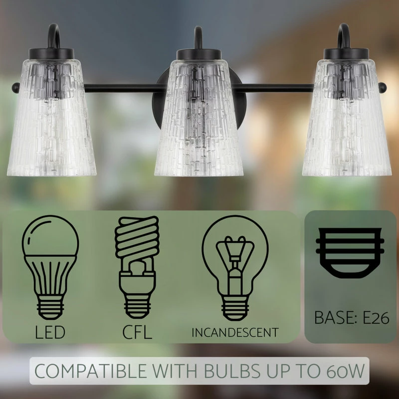 Kira Home Chatham 20" 3-Light Bathroom Light + Textured Glass Shades, Black 6 Kira Home Chatham 20" 3-Light Bathroom Light + Textured Glass Shades, Black - Image 6