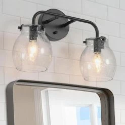LNC Lighting LALUZ 2 Light Matte Black Modern Bathroom Vanity Light With Globe Seeded Glass
