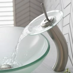 Kraus USA, Inc. Glass Vessel Sink, Bathroom Waterfall Faucet, PU Drain, Mount Ring, Nickel