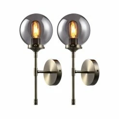 W86 Trading Co., LLC 2-Pack 1-Light Armed Sconce, Globe Glass Wall Sconce, Smoky Grey