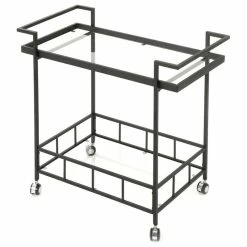 GDFStudio GDF Studio Brose Indoor Black Iron Bar Cart With Tempered Glass Shelves