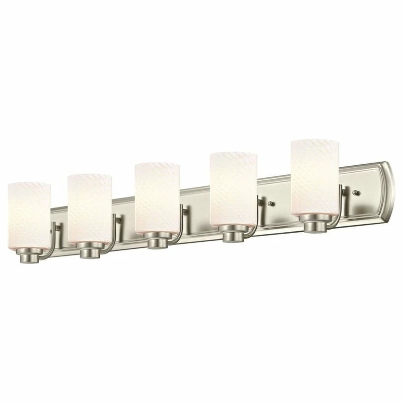 Destination Lighting 5-Light Bath Bar In Satin Nickel With White Cylinder Art Glass 2 Destination Lighting 5-Light Bath Bar In Satin Nickel With White Cylinder Art Glass - Image 2