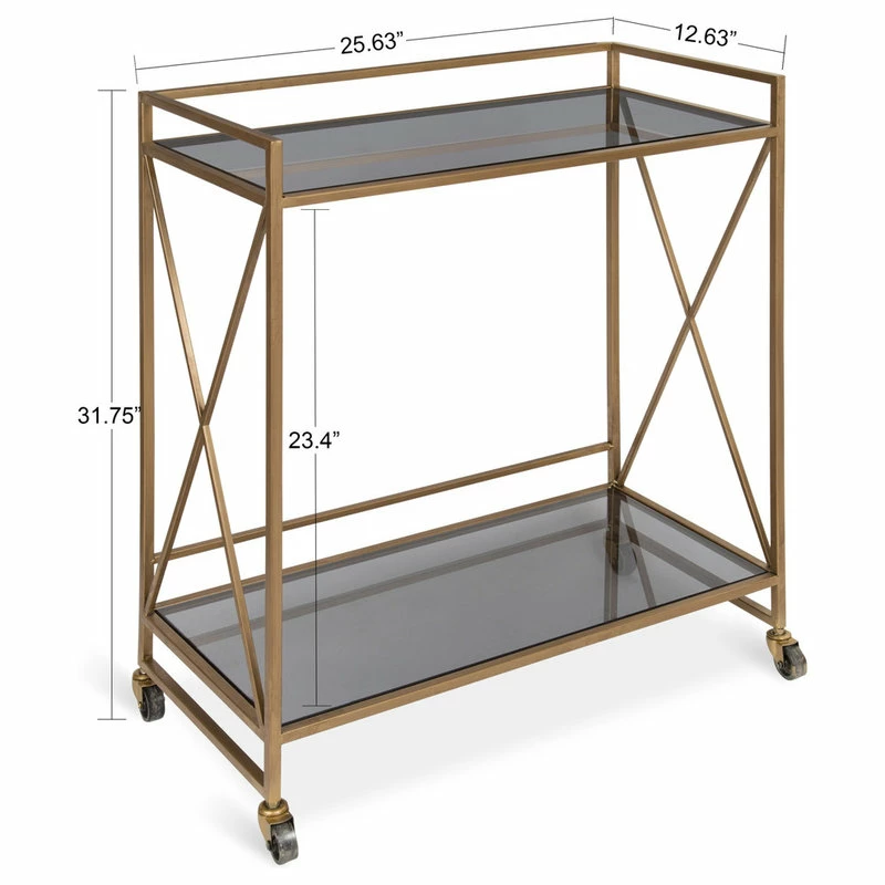 Uniek Blex 2-Shelf Glass And Metal Rolling Bar Cart, Gold 25.75x12.75x31.75 2 Uniek Blex 2-Shelf Glass And Metal Rolling Bar Cart, Gold 25.75x12.75x31.75 - Image 2