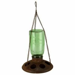 Audreys Green Glass Mason Jar Rusty Metal Tray Round Hanging Wild Bird Feeder Small
