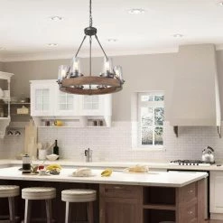 LNC Lighting LNC 6-Light Farmhouse Wagon Wheel Wood And Seeded Glass Shade Chandelier -home bar shop 81011acb034d27c1 9929 w800 h800 b0 p0