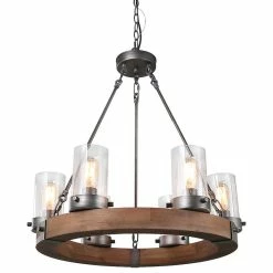 LNC Lighting LNC 6-Light Farmhouse Wagon Wheel Wood And Seeded Glass Shade Chandelier