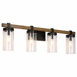 LNC Lighting LNC Farmhouse Black Bathroom Vanity Light With Seeded Glass, 4-Light