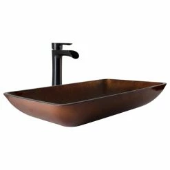 VIGO Rectangular Russet Glass Vessel Bathroom Sink Set Niko Vessel Faucet