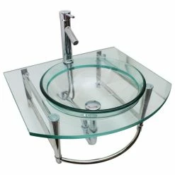 Renovators Supply Manufacturing Round Glass Wall Mount Console Sink 23 3/4" With Faucet, Drain And Towel Bar -home bar shop 82d125d60bd75096 0300 w800 h800 b1 p0