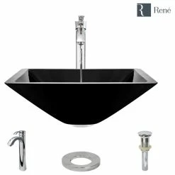 Rene R5-5003-NOR Noir Colored Glass Vessel Sink, R9-7001 Faucet, Antique Bronze, Chro