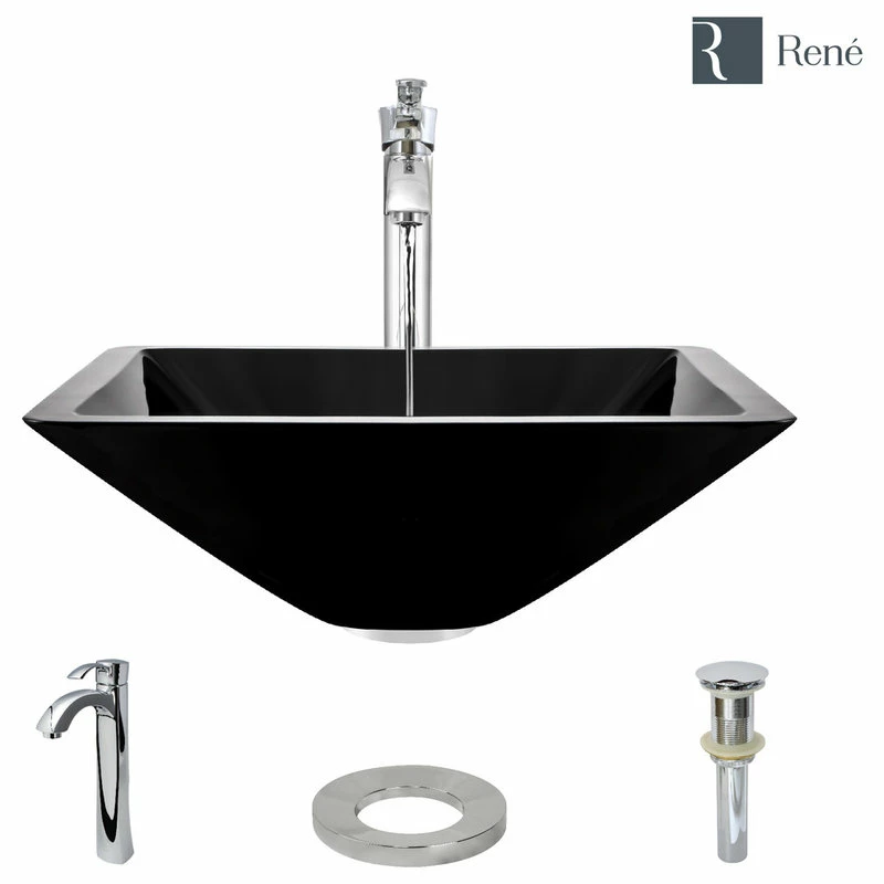 Rene R5-5003-NOR Noir Colored Glass Vessel Sink, R9-7001 Faucet, Antique Bronze, Chro 1 Rene R5-5003-NOR Noir Colored Glass Vessel Sink, R9-7001 Faucet, Antique Bronze, Chro