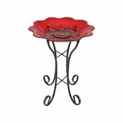 Luxen Home LuxenHome Red Pansy Glass Bird Bath With Metal Stand