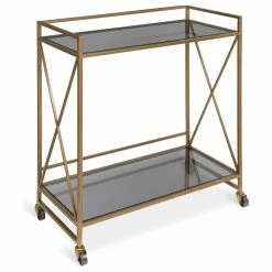 Uniek Blex 2-Shelf Glass And Metal Rolling Bar Cart, Gold 25.75x12.75x31.75