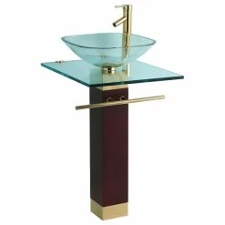 Renovators Supply Manufacturing Bohemia Glass Pedestal Sink Gold PVD Vanity Combo Faucet Drain Towel Bar