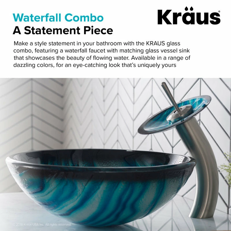 Kraus USA, Inc. Glass Vessel Sink, Bathroom Waterfall Faucet, PU Drain, Mount Ring, Nickel 6 Kraus USA, Inc. Glass Vessel Sink, Bathroom Waterfall Faucet, PU Drain, Mount Ring, Nickel - Image 6