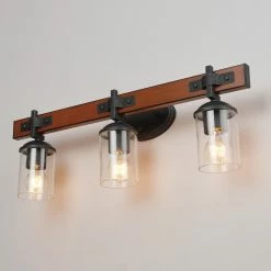 Globe Electric 3-Light Vanity Light, Dark Faux Wood, Clear Seeded Glass Shade -home bar shop 8d21108c01819feb 0462 w800 h800 b0 p0