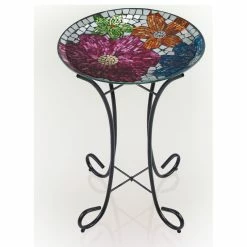 Alpine Corporation 18" Floral Metallic Mosaic Glass Birdbath With Metal Stand