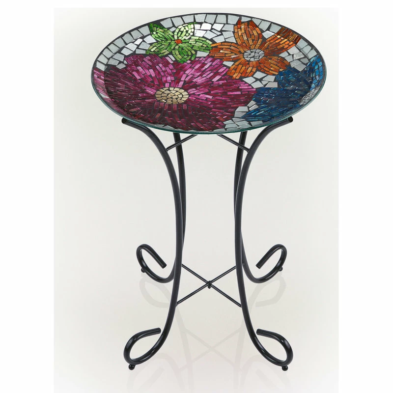 Alpine Corporation 18" Floral Metallic Mosaic Glass Birdbath With Metal Stand 1 Alpine Corporation 18" Floral Metallic Mosaic Glass Birdbath With Metal Stand