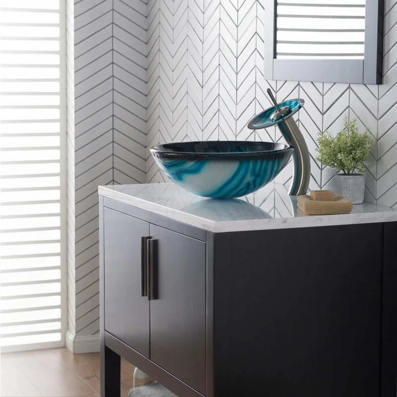 Kraus USA, Inc. Glass Vessel Sink, Bathroom Waterfall Faucet, PU Drain, Mount Ring, Nickel 2 Kraus USA, Inc. Glass Vessel Sink, Bathroom Waterfall Faucet, PU Drain, Mount Ring, Nickel - Image 2