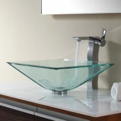 Kraus USA, Inc. Square Clear Glass Vessel 19mm Thick Bathroom Sink, PU Drain, Mount Ring, Nickel -home bar shop 95e11af800e5e701 3157 w800 h800 b0 p0