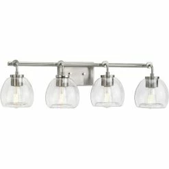 Progress Lighting Caisson 4-Light Brushed Nickel Clear Glass Industrial Bath Vanity Light