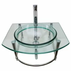 Renovators Supply Manufacturing Round Glass Wall Mount Console Sink 23 3/4" With Faucet, Drain And Towel Bar