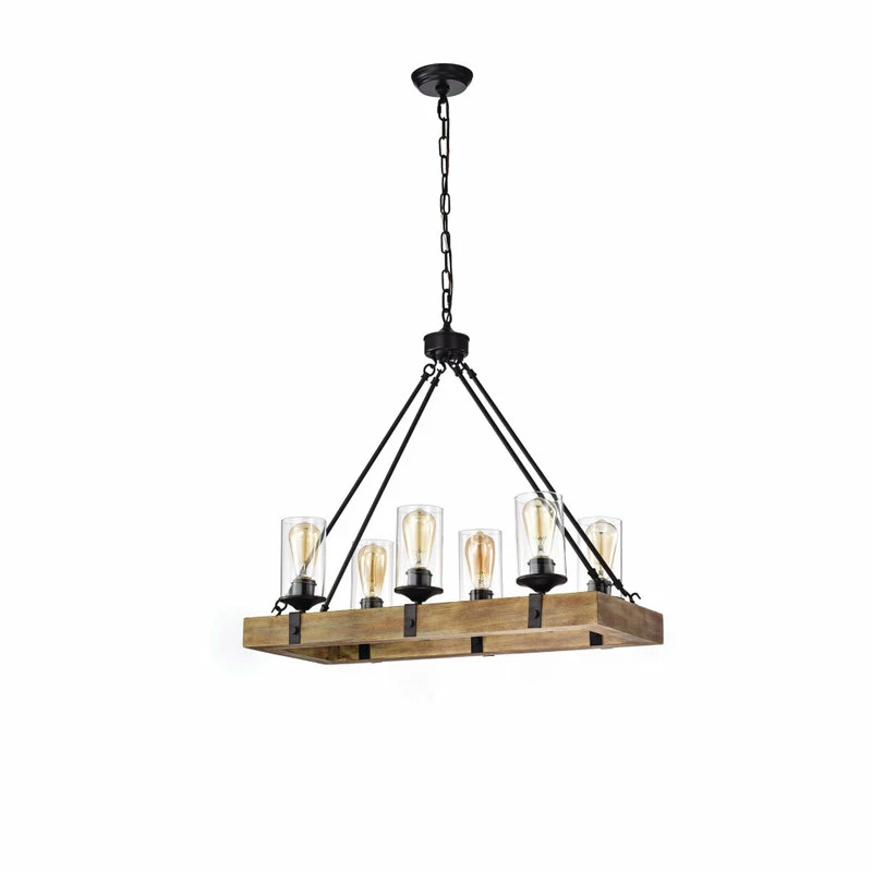 Edvivi Lighting 6-Light Matte Black And Vintage Wood Farmhouse Linear Chandelier Clear Glass 9 Edvivi Lighting 6-Light Matte Black And Vintage Wood Farmhouse Linear Chandelier Clear Glass - Image 9