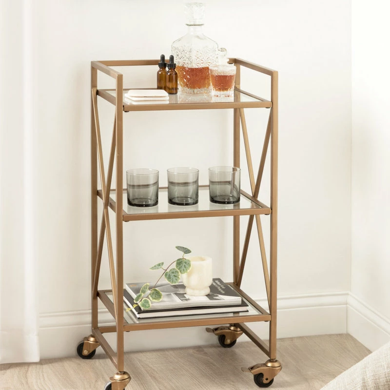 Uniek Blex Glass And Metal Bar Cart, Gold, 16"x13"x32" 6 Uniek Blex Glass And Metal Bar Cart, Gold, 16"x13"x32" - Image 6