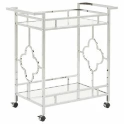Inspire Q Devon Chrome Finish Floral Bar Cart With Mirror Bottom And Glass Top