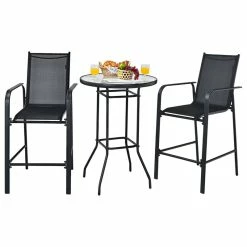 Costway 3 PCS Outdoor Patio Bar Table Stool Set Height Tempered Glass Top