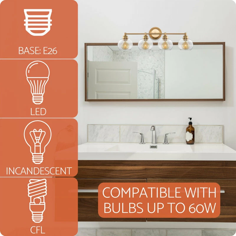 Kira Home Odette 30" 4-Light Bathroom Light, Glass Globe Shades + Warm Brass 6 Kira Home Odette 30" 4-Light Bathroom Light, Glass Globe Shades + Warm Brass - Image 6
