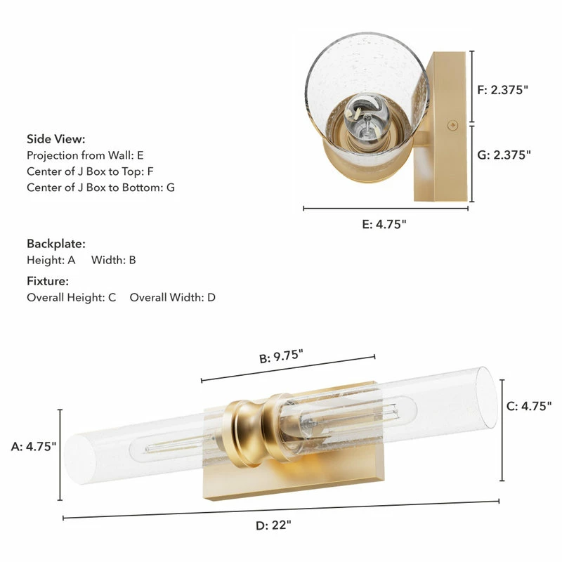 Hunter Fan Company Lenlock Alturas Gold, Clear Seeded Glass Glass 2 Light Vanity Wall Light 4 Hunter Fan Company Lenlock Alturas Gold, Clear Seeded Glass Glass 2 Light Vanity Wall Light - Image 4