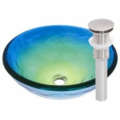 Novatto Mare Glass Vessel Sink And Drain, Brushed Nickel