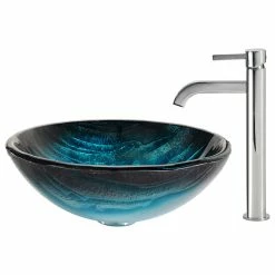 Kraus USA, Inc. Glass Vessel Sink, Bathroom Ramus Faucet, PU Drain, Mounting Ring, Chrome