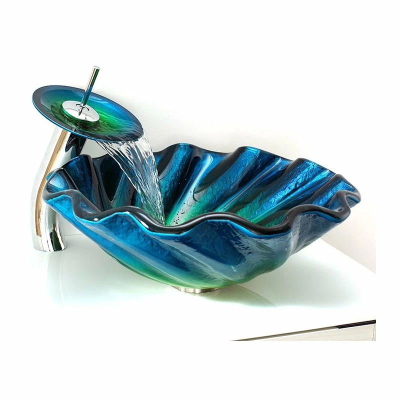 HOMARY BlueandGreen Seashell Glass Bathroom Vessel Sink, Waterfall Faucet System 3 HOMARY BlueandGreen Seashell Glass Bathroom Vessel Sink, Waterfall Faucet System - Image 3