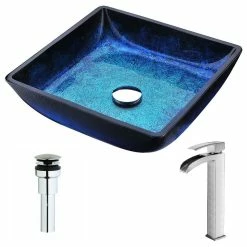 ANZZI Viace Series Deco-Glass Vessel Sink With Key Faucet, Brushed Nickel
