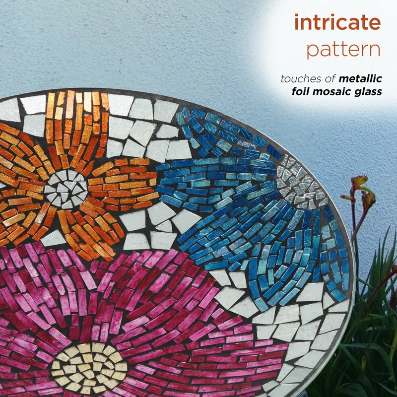 Alpine Corporation 18" Floral Metallic Mosaic Glass Birdbath With Metal Stand 10 Alpine Corporation 18" Floral Metallic Mosaic Glass Birdbath With Metal Stand - Image 10